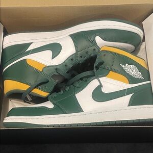 Jordan Green, White, and Yellow Sneakers mid 1